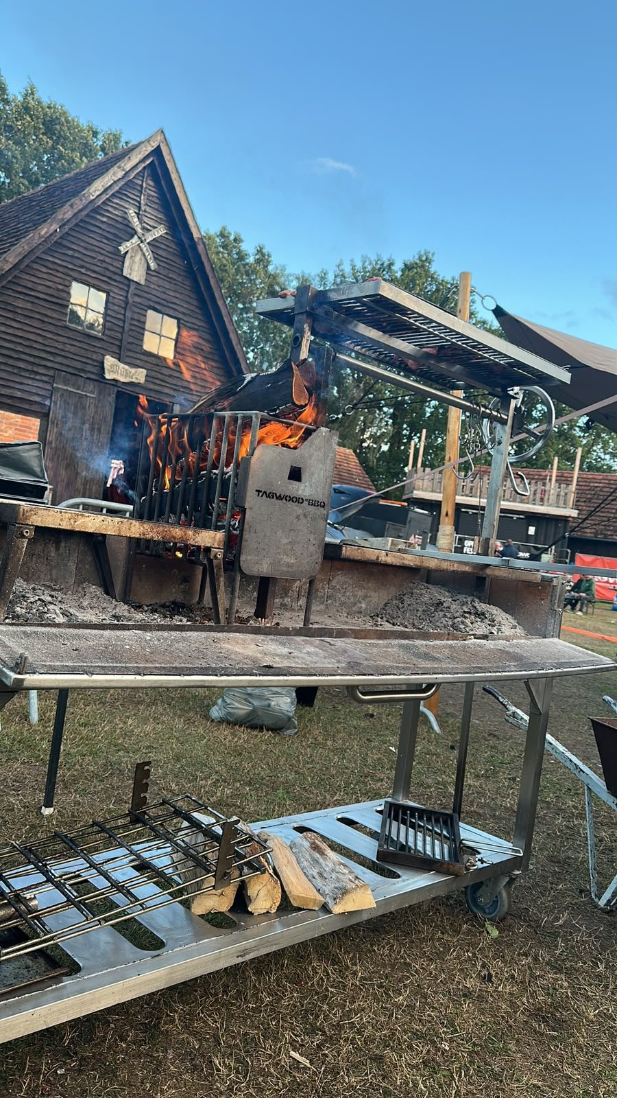 Wood fire on a Tagwood BBQ grill
